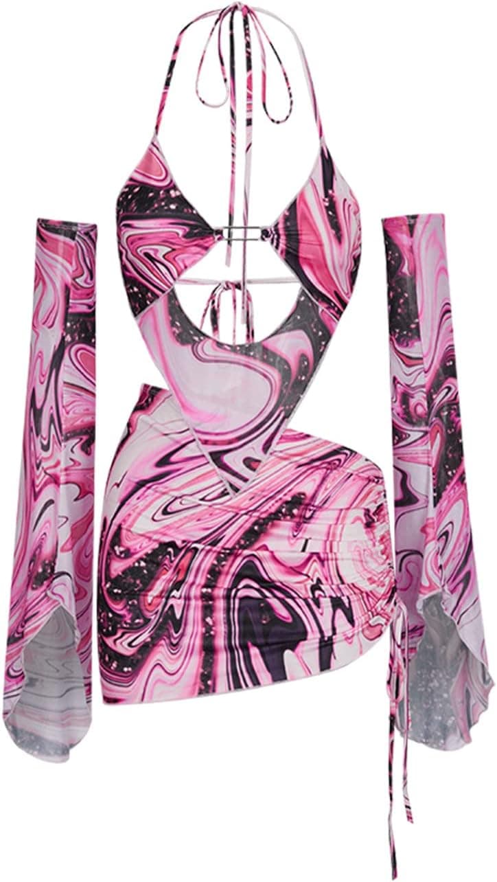 Rave Outfits for Womens Set Festival Sexy Y2K Dress 2 Piece Outfits Summer Long Sleeves Birthday Party Clubwear