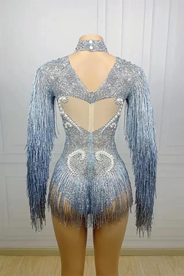 Earthradius Gray Tassel Crystal Women's Dancer Bodysuit Party Costume