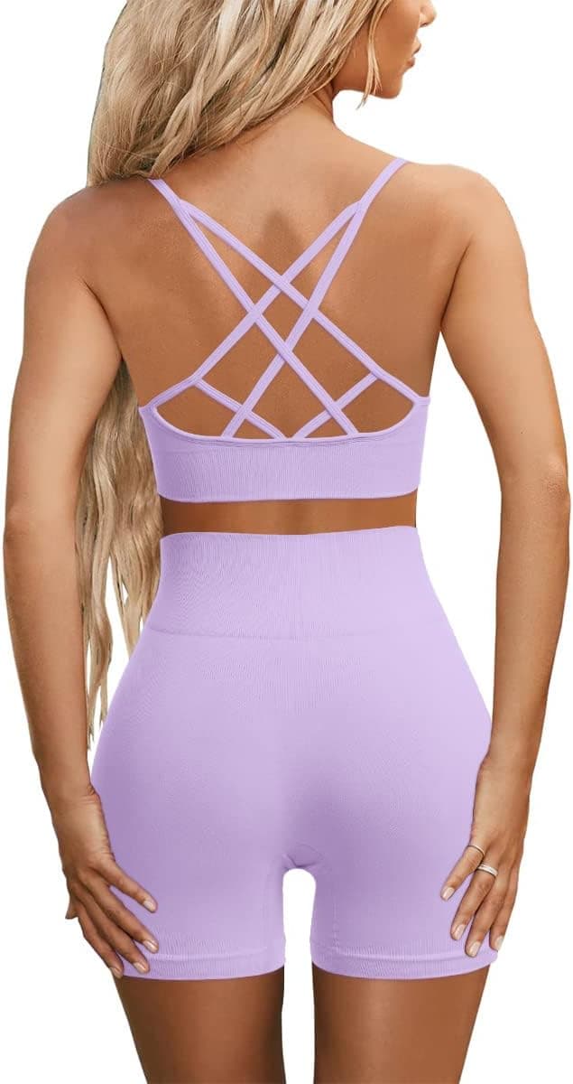 Seamless Workout Sets for Women Criss-Cross Back Strappy Sports Bras High Waist Biker Shorts 2 Piece Gym Yoga Outfits