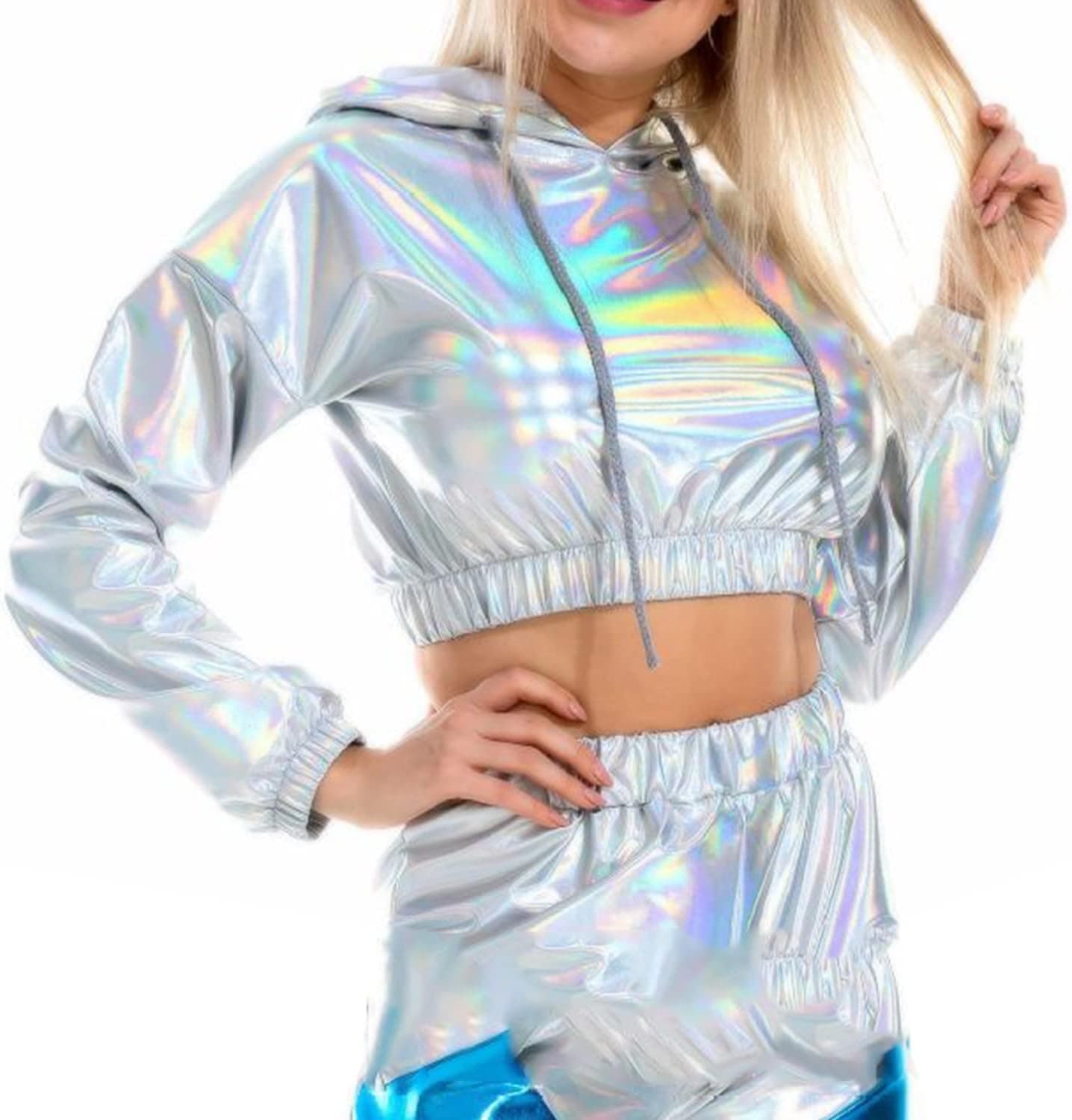 Women's Metallic Top Cropped Hoodie Rave Long Sleeve Shiny Pullover Sweatshirt