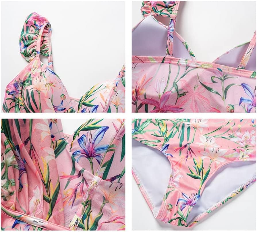 Women Floral Print Beach Swimsuit with Maxi Skirt Bikini Sets Swimwear Skirt Summer Holiday Outfit Bathing Suits
