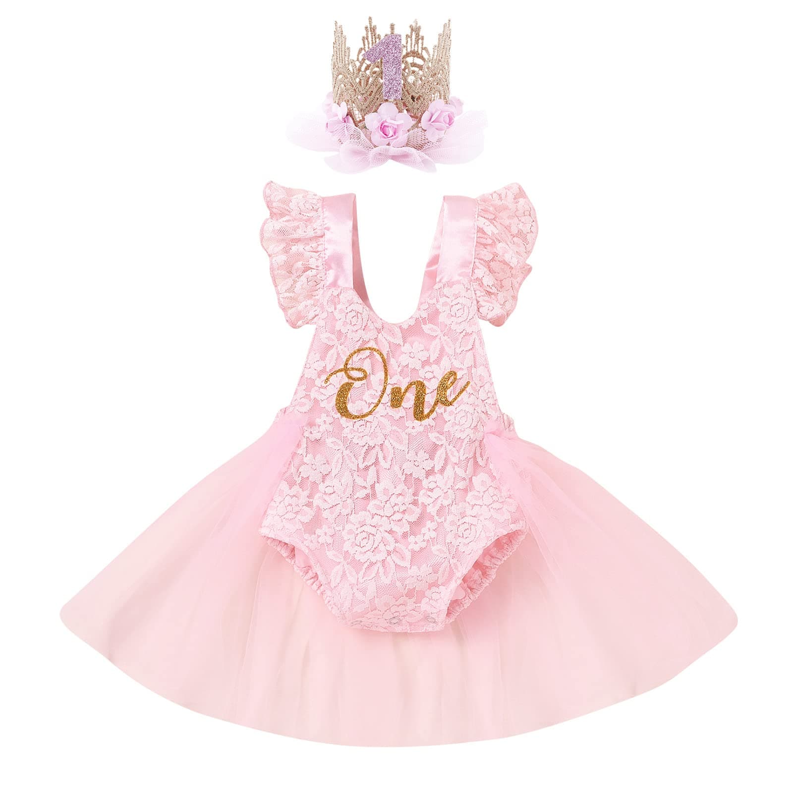 IBTOM CASTLE Baby Girl Boho One-Ruffle Lace Romper Tutu Dress for 1st Birthday Photoshoot