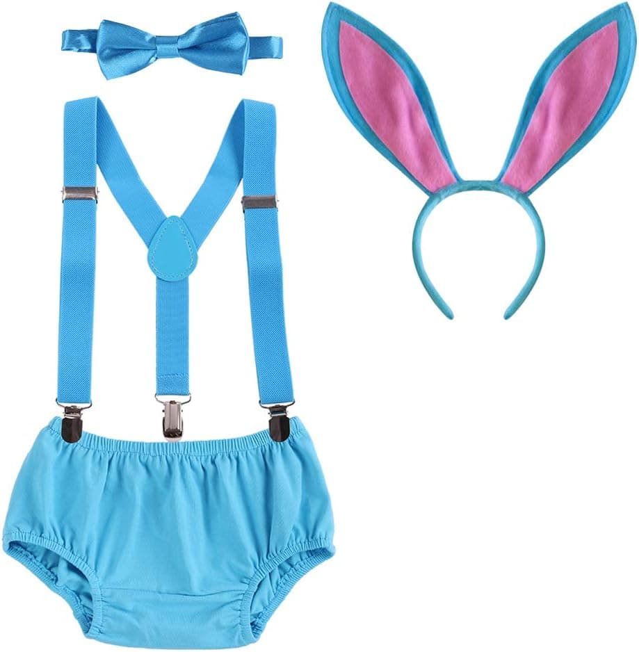 Baby Boy 1st Easter Bunny Outfit Suspender Bloomers Bowtie Headband Cake Smash Some Bunny is One Birthday Photo Shoot