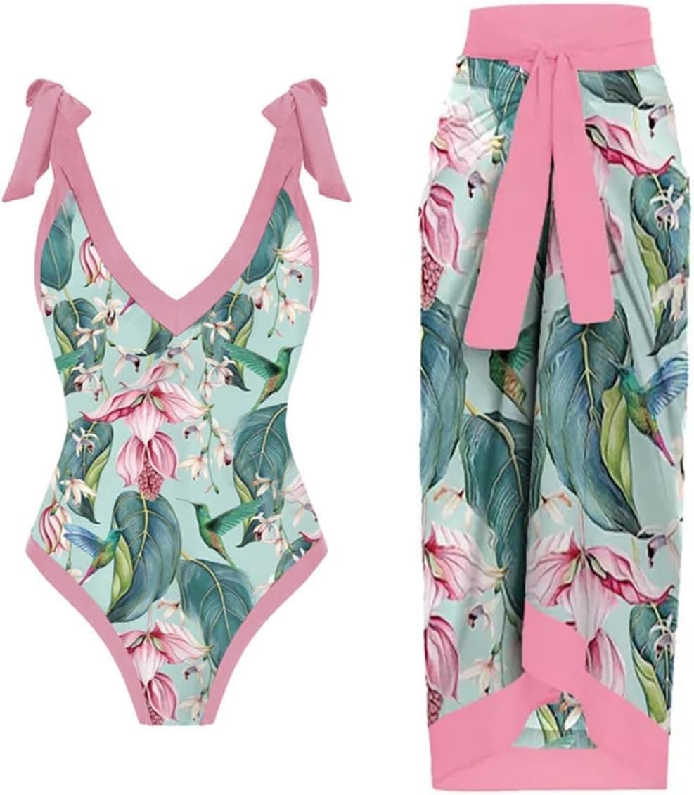 Women 2 Pieces Beach Swimsuit Floral Print Tropical Bikini Swimsuit with Cover up Wrap Skirt Bathing Suits