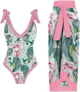 Women 2 Pieces Beach Swimsuit Floral Print Tropical Bikini Swimsuit with Cover up Wrap Skirt Bathing Suits