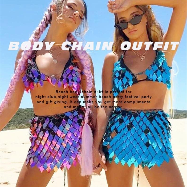 REETAN Women Sparkly Bikini Body Chain Skirt Rave Accessory