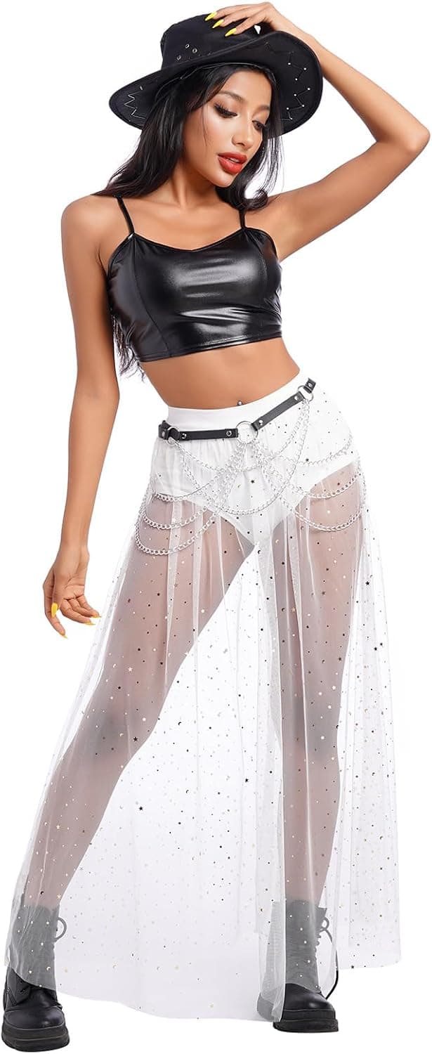 Women Shiny Stars Rave Skirt Flowy Mesh Tulle Maxi Skirts with Booty Bottoms Music Festival Clothes Halloween Costume
