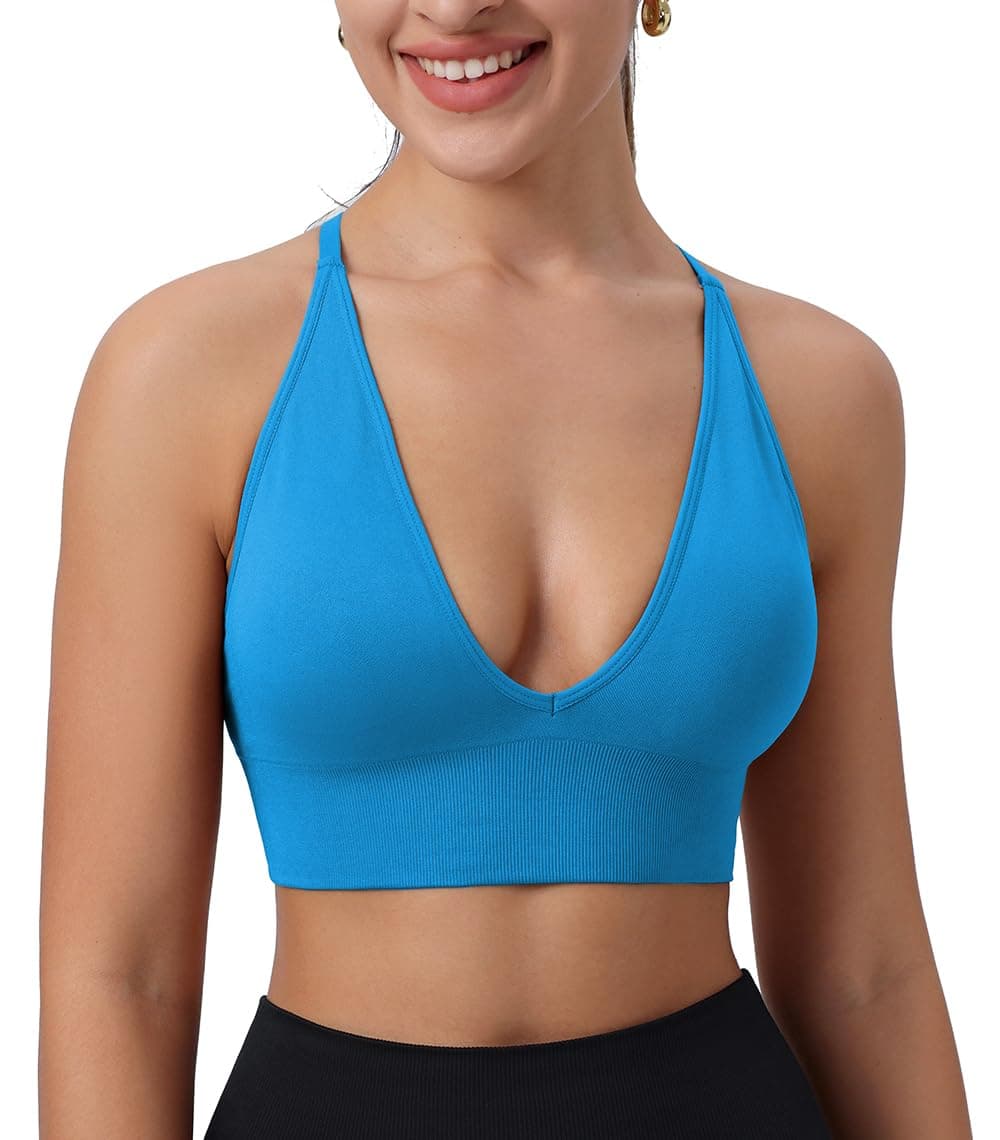 SHAEND Women's Deep V-Neck Padded Sports Bra with Criss Cross Straps Yoga Top