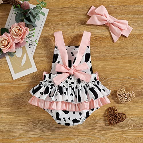 IMEKIS Newborn Cow Romper Ruffle Outfit with Headband Set