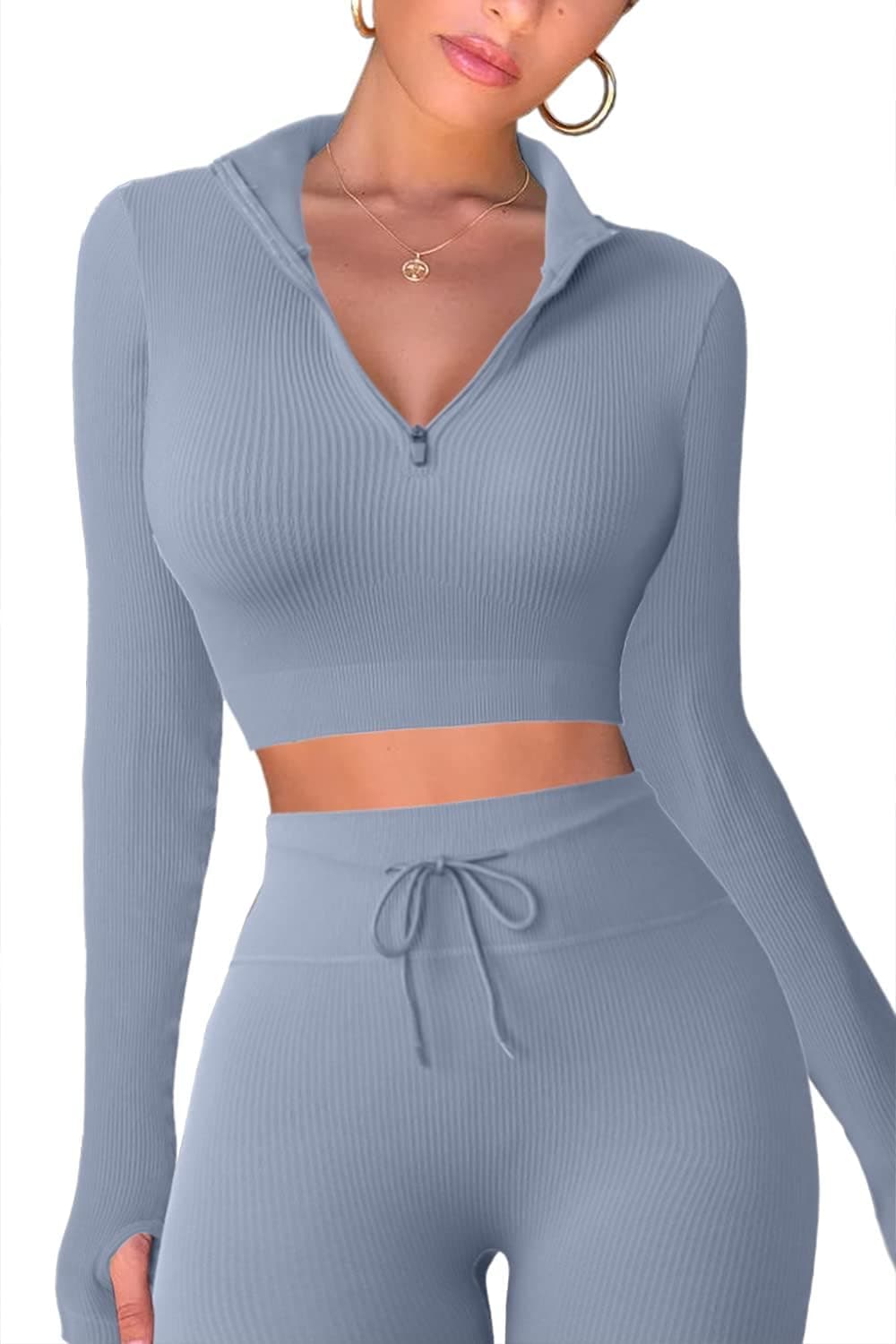 Workout Sets for Women 2 Piece Seamless Long Sleeve Crop Tops Ribbed High Waist Leggings