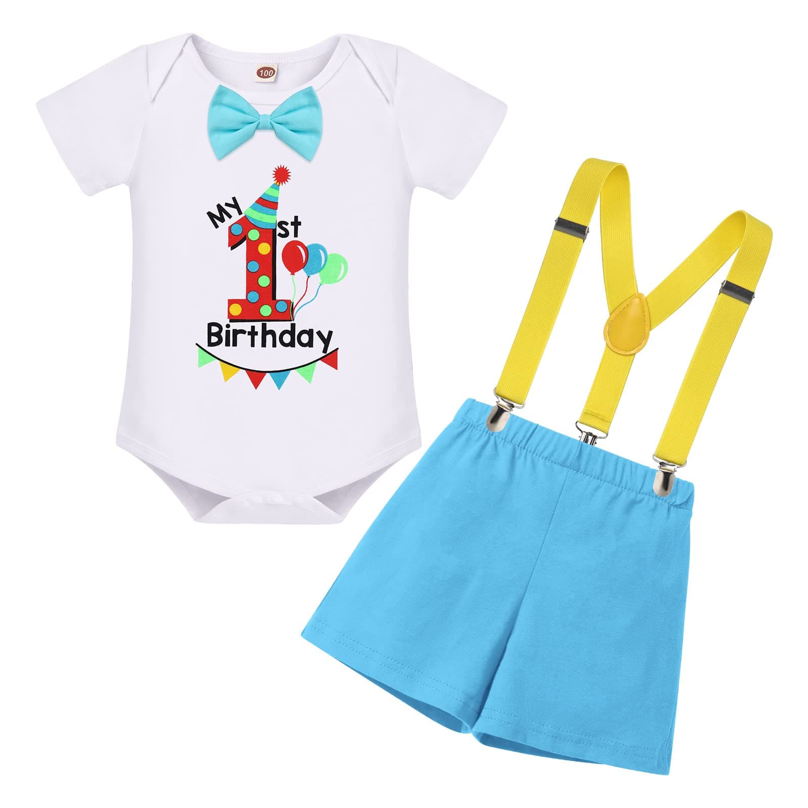 Baby Boy First Birthday Outfit with Bunting Flag Bow Tie Bodysuit Shorts Suspenders