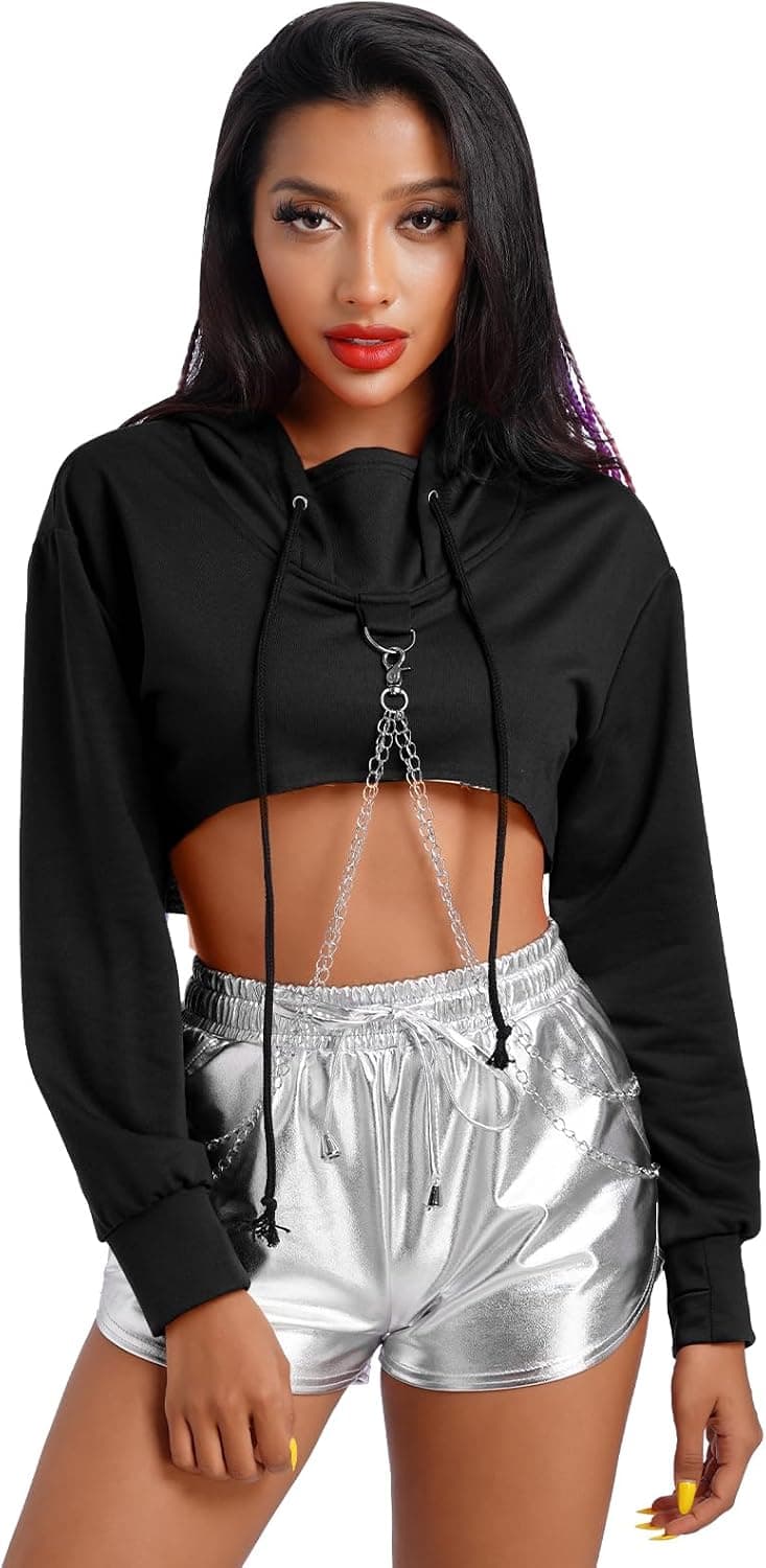 Women's Gothic Rave Crop Top Hoodie with Chains Casual Long Sleeve Hooded Pullover Workout Sweatshirt Clubwear