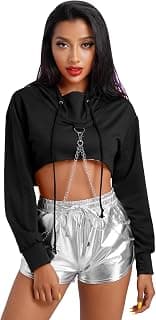 Women's Gothic Rave Crop Top Hoodie with Chains Casual Long Sleeve Hooded Pullover Workout Sweatshirt Clubwear