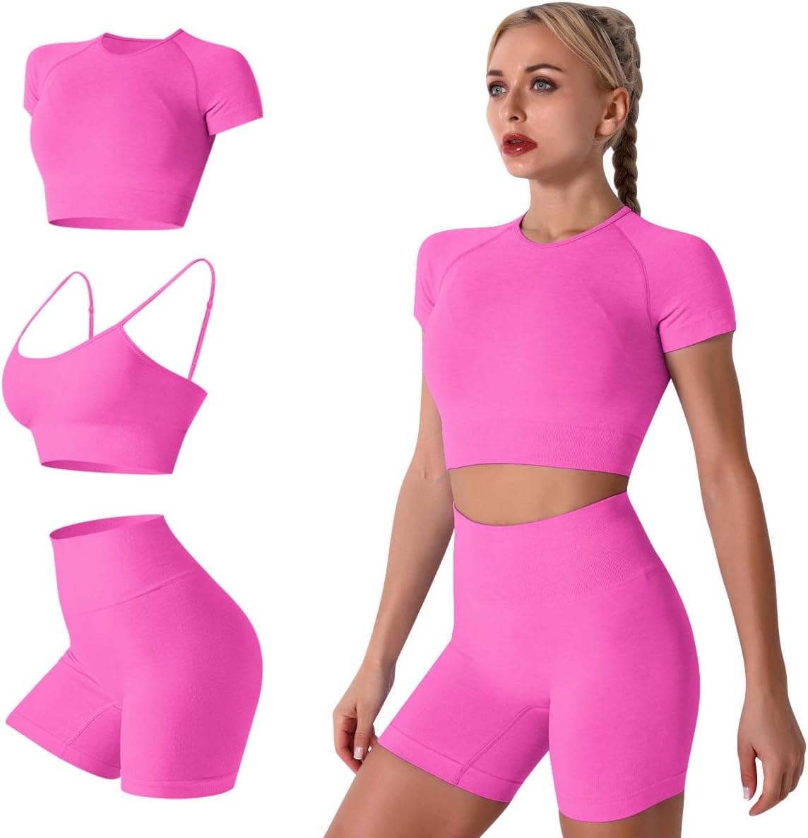 IMEKIS Women's Yoga Outfit Seamless Workout Set High Waist Exercise Shorts Pants with Sport Bra 3PCS Tracksuit Gym Tracksuits