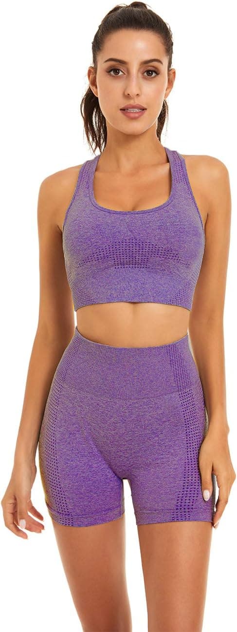 Women Seamless Yoga Workout Set 2 Piece Outfits Gym Shorts Sports Bra