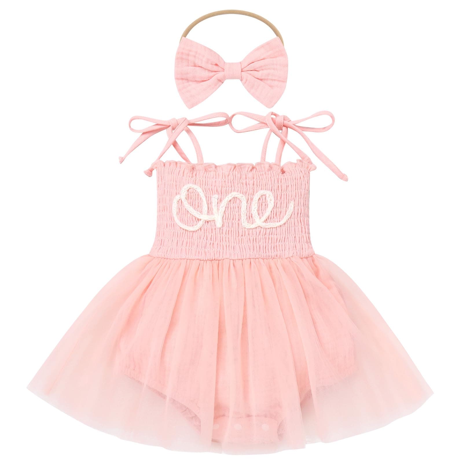 Girl's First Birthday Outfit: Smocked Romper Tutu Dress + Headband