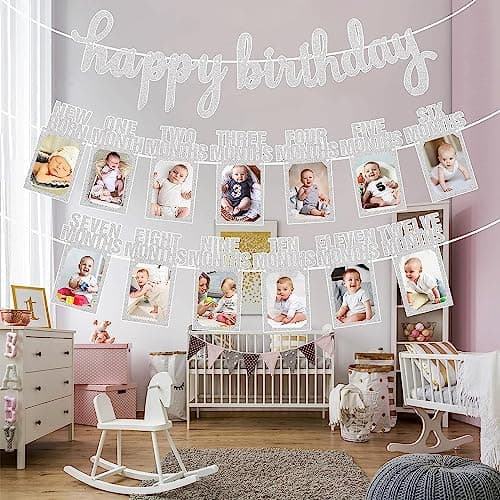 Paready First Birthday Photo Banner, Happy Birthday Decor for Boy or Girl (Silver)