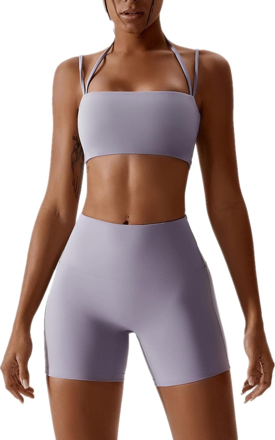 ABOCIW Workout Sets for Women 2 Piece Twist Front Halter Sports Bras High Waist Booty Shorts Exercise Gym Yoga Outfit