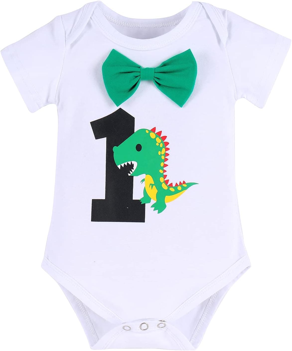 Baby Boys Dinosaur 1st Birthday Outfit Cake Smash Bowtie Romper + Shorts + Suspenders 3PCS Clothes Set for Photo Shoot