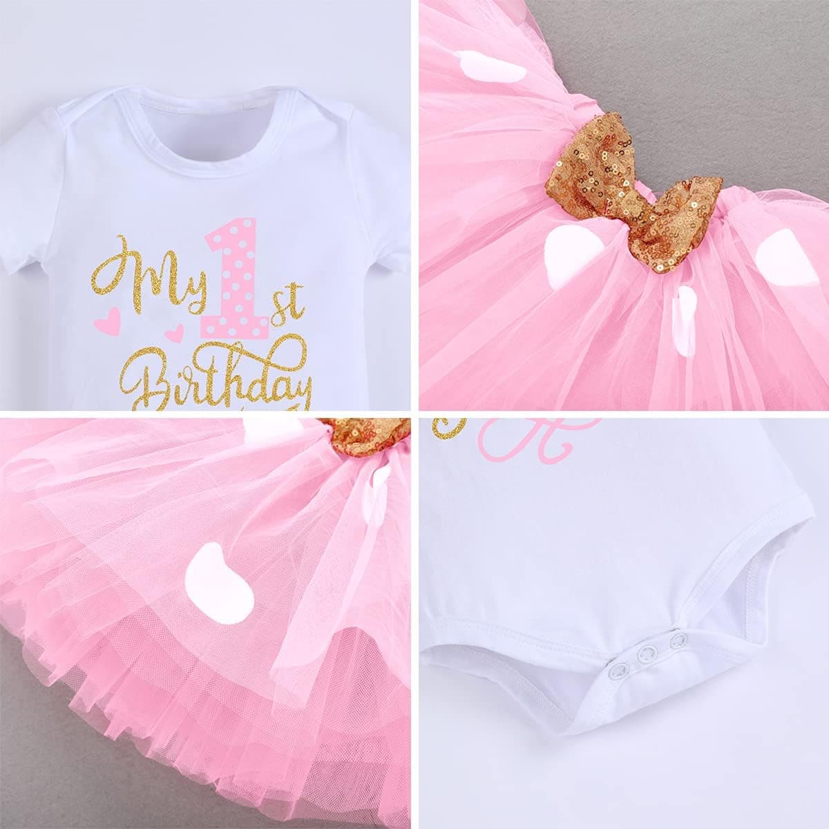 Baby Girls 1st Birthday Outfit Polka Dots ONE Romper Tutu Skirt Mouse Ears Headband Cake Smash Costume for Photo Shoot
