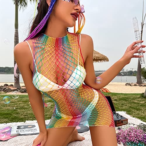 Rainbow Fishnet Dress Bodysuit for Women