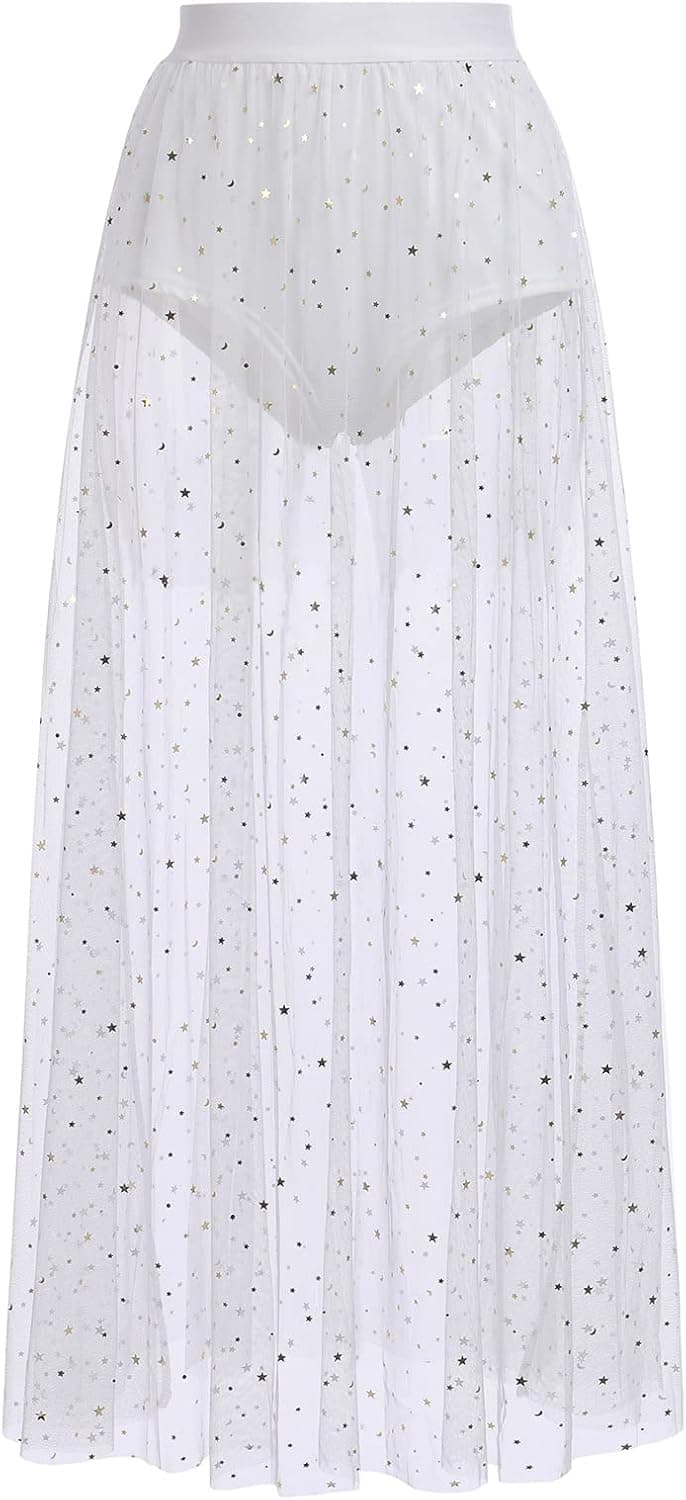 Women Shiny Stars Rave Skirt Flowy Mesh Tulle Maxi Skirts with Booty Bottoms Music Festival Clothes Halloween Costume