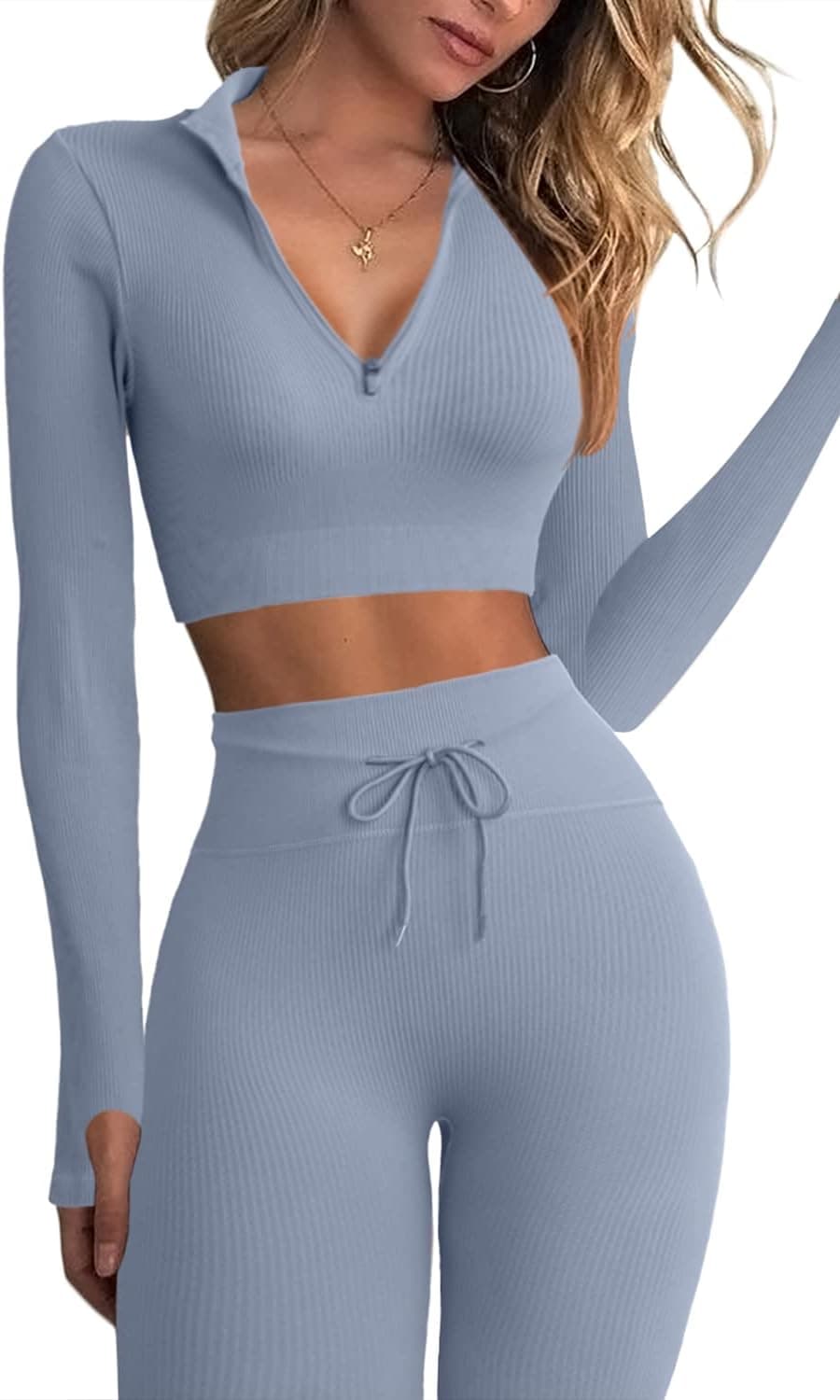 Workout Sets for Women 2 Piece Seamless Long Sleeve Crop Tops Ribbed High Waist Leggings