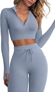 Workout Sets for Women 2 Piece Seamless Long Sleeve Crop Tops Ribbed High Waist Leggings