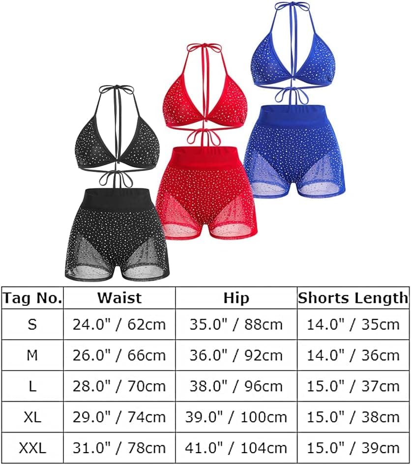 Women Sparkle Rhinestone Mesh Sheer Bikini Sets Halter Bra Top High Waist Shorts Bottom Swimsuits Rave Outfit