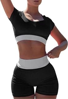 Women's Color Contrast U Neck Sexy Crop Yoga Suit Short Sleeve Shorts Two Piece Set Cute Swimsuits Cover up