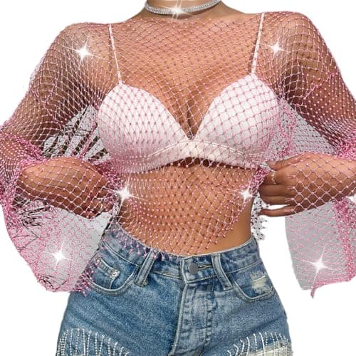 Sparkle Rhinestone Mesh Crop Top with Long Sleeve for Women
