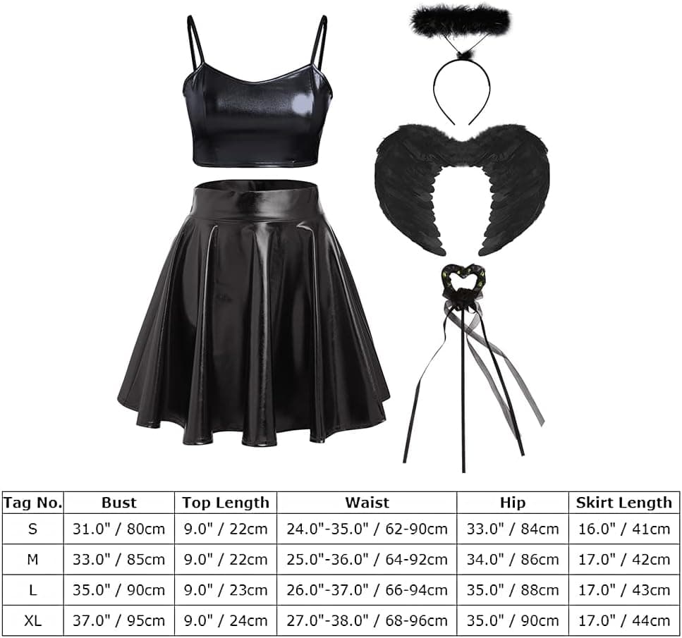 Women Angel Devil Costumes Halloween Dress Up Outfit Wings Halo Headband Wand Devil Horn Pitchfork Tail Cosplay Set