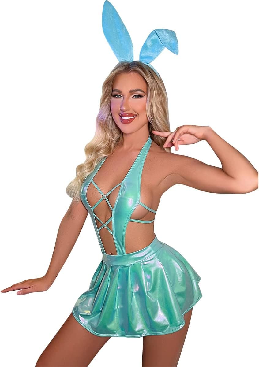 Women Shiny Rave Outfit Festival Halloween Costume Chain Halter Crop Top Mini Skirt Panty Headband Bunny Devil Cosplay