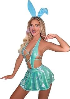 Women Shiny Rave Outfit Festival Halloween Costume Chain Halter Crop Top Mini Skirt Panty Headband Bunny Devil Cosplay