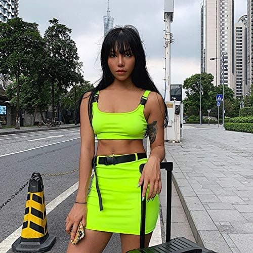 Women Sexy Buckle Tank Crop Tops Mini Skirt Set 2 Piece Rave Outfit Party Clubwear Bodycon