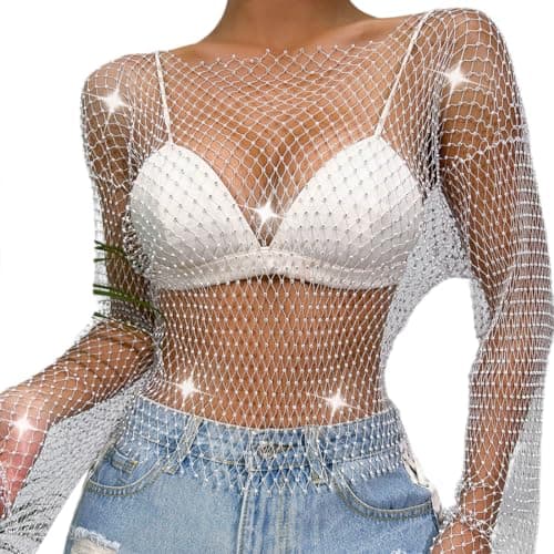 Sparkle Rhinestone Mesh Crop Top with Long Sleeve for Women
