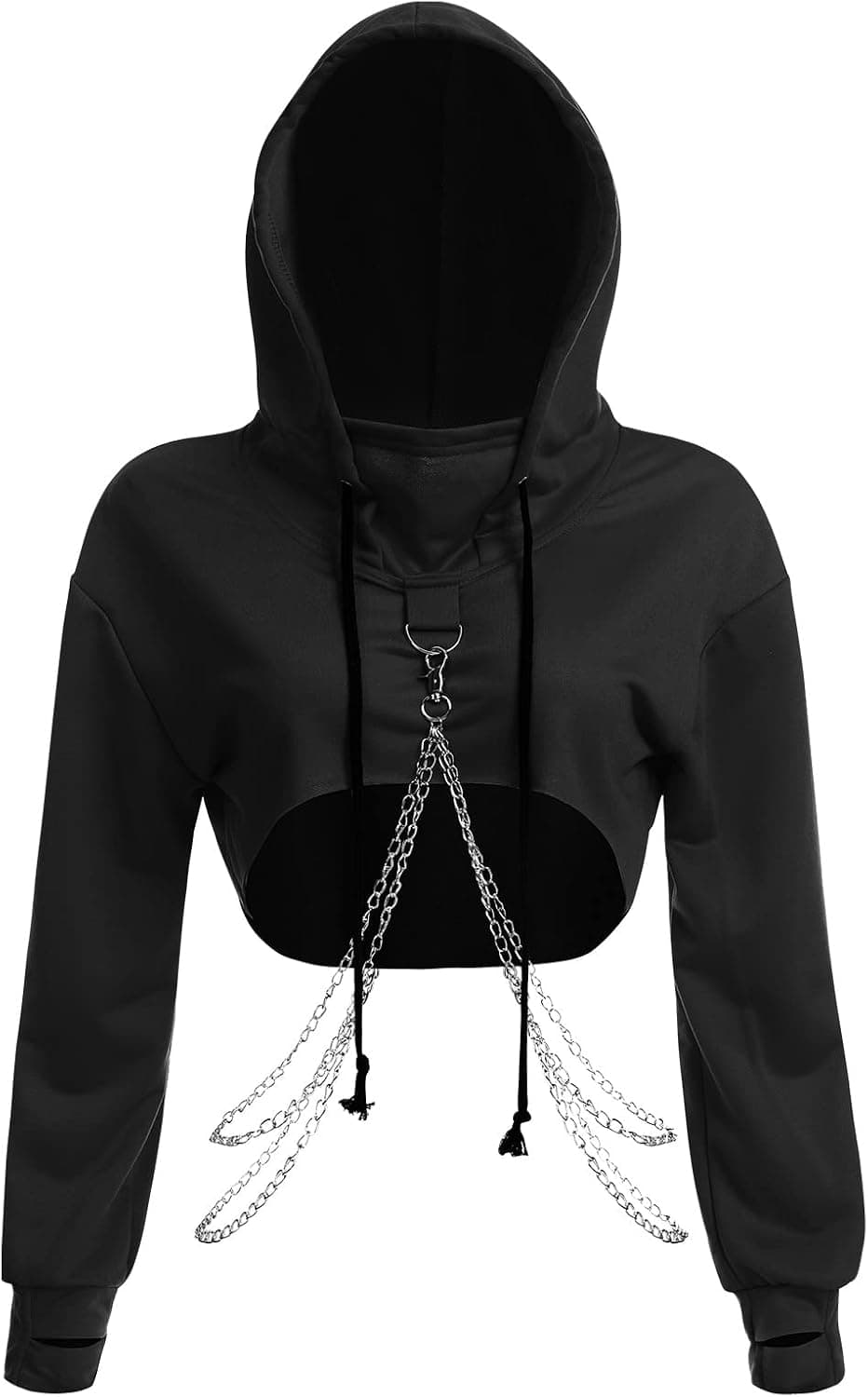 Women's Gothic Rave Crop Top Hoodie with Chains Casual Long Sleeve Hooded Pullover Workout Sweatshirt Clubwear