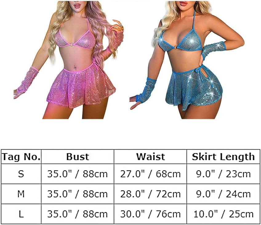 Women Metallic Rave Outfit Shiny Crop Top Bra Skirt Swimsuit Music Festivals Halloween Cosplay Costume