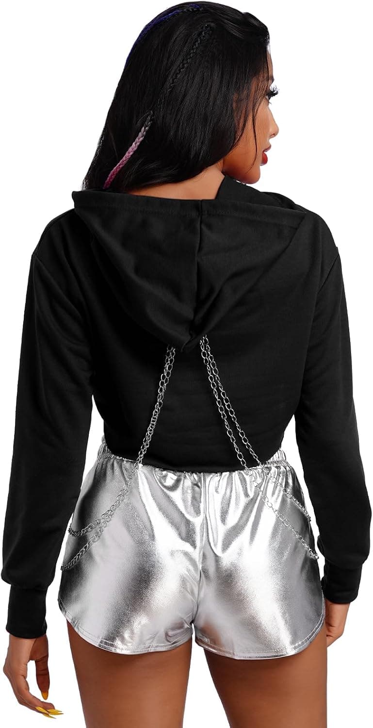 Women's Gothic Rave Crop Top Hoodie with Chains Casual Long Sleeve Hooded Pullover Workout Sweatshirt Clubwear