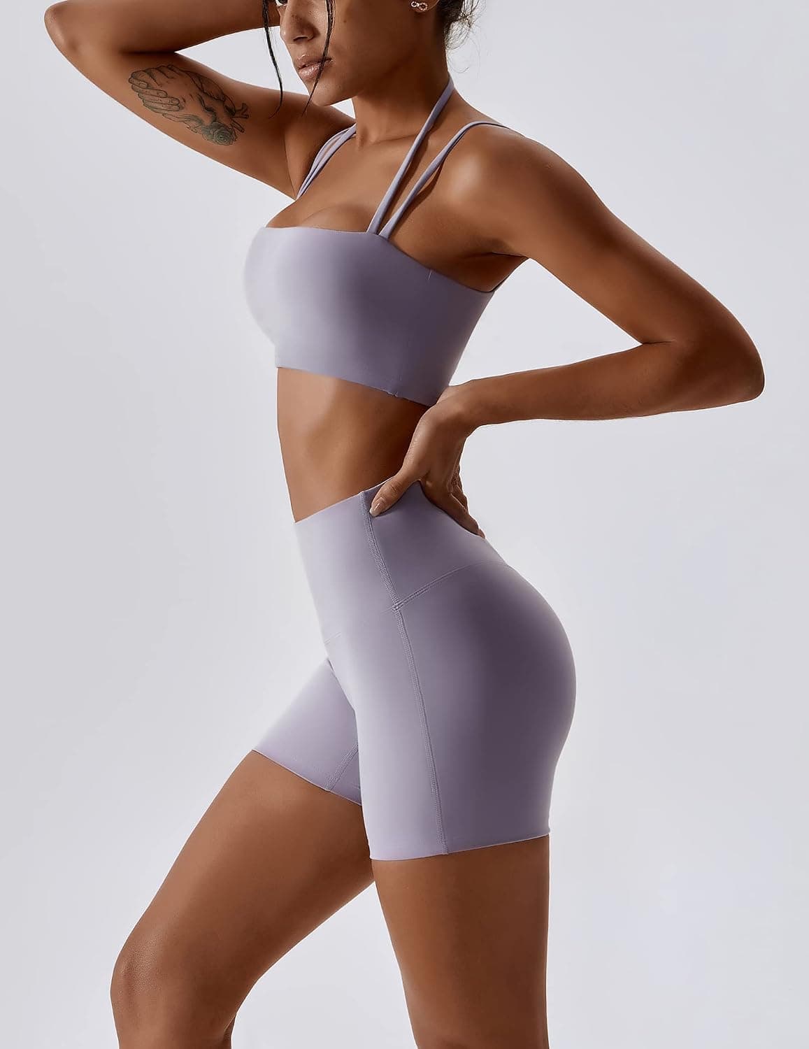 ABOCIW Workout Sets for Women 2 Piece Twist Front Halter Sports Bras High Waist Booty Shorts Exercise Gym Yoga Outfit