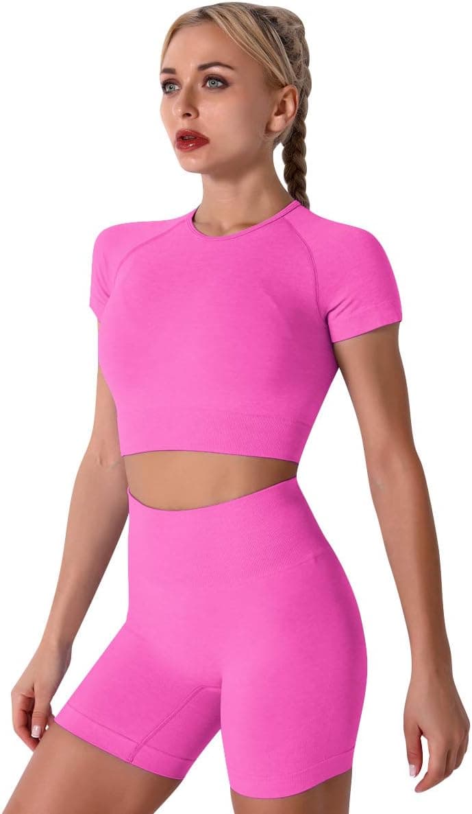 Women Seamless Yoga Outfits 2 Piece Workout Short Sleeve Crop Top with High Waisted Running Shorts Sets Activewear