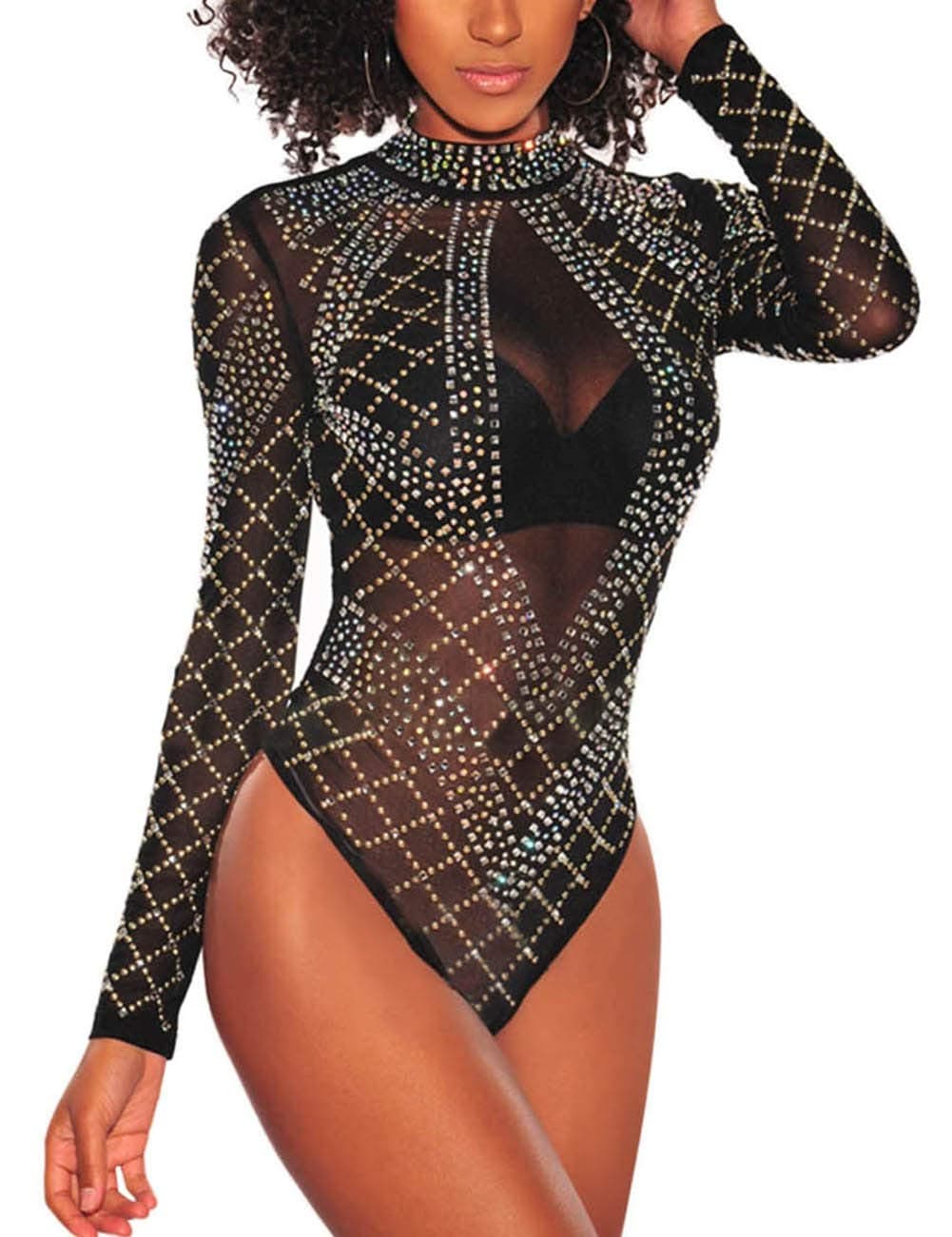 Sheer Mesh Long Sleeve Bodysuit for Women