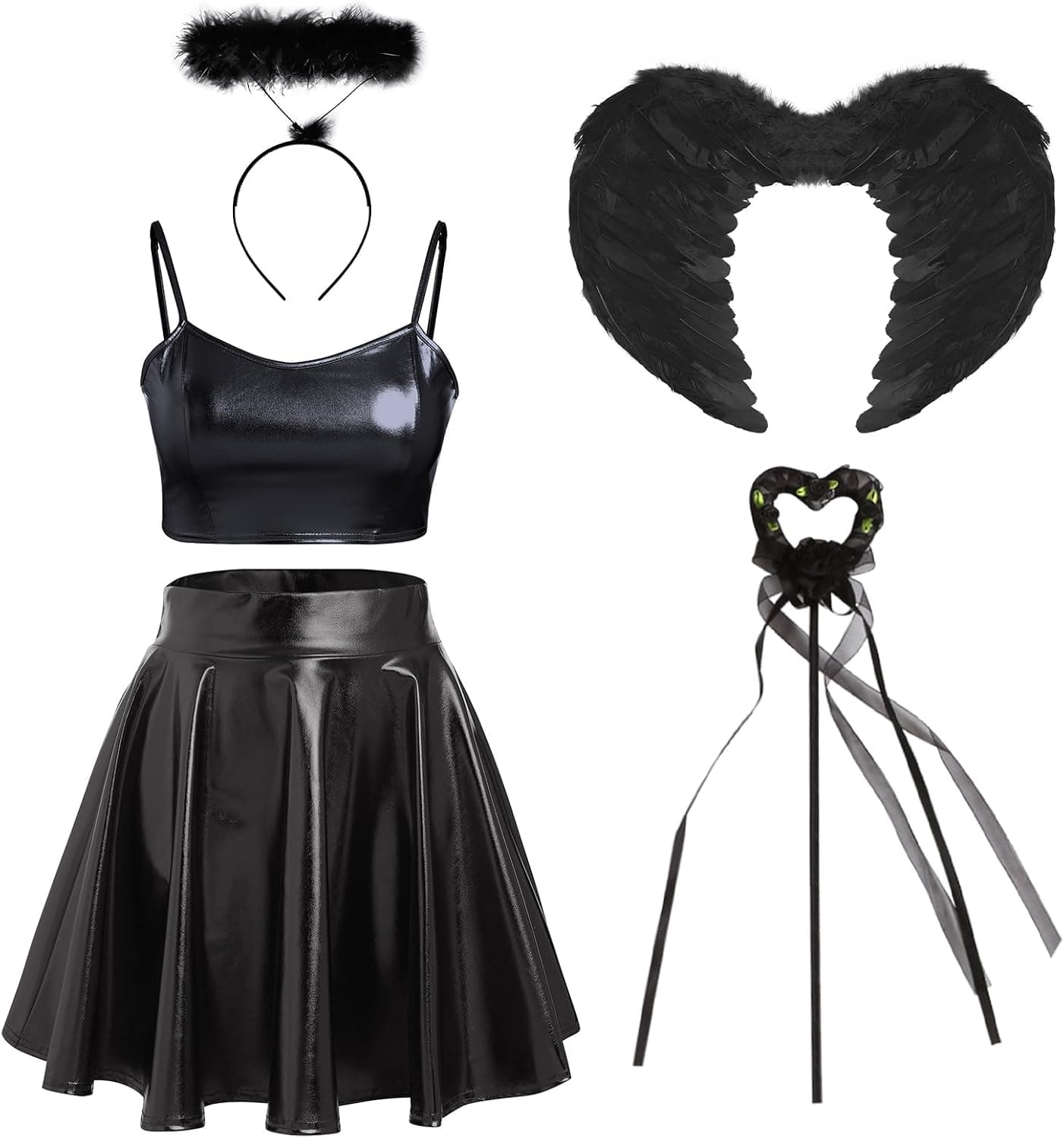 Women Angel Devil Costumes Halloween Dress Up Outfit Wings Halo Headband Wand Devil Horn Pitchfork Tail Cosplay Set