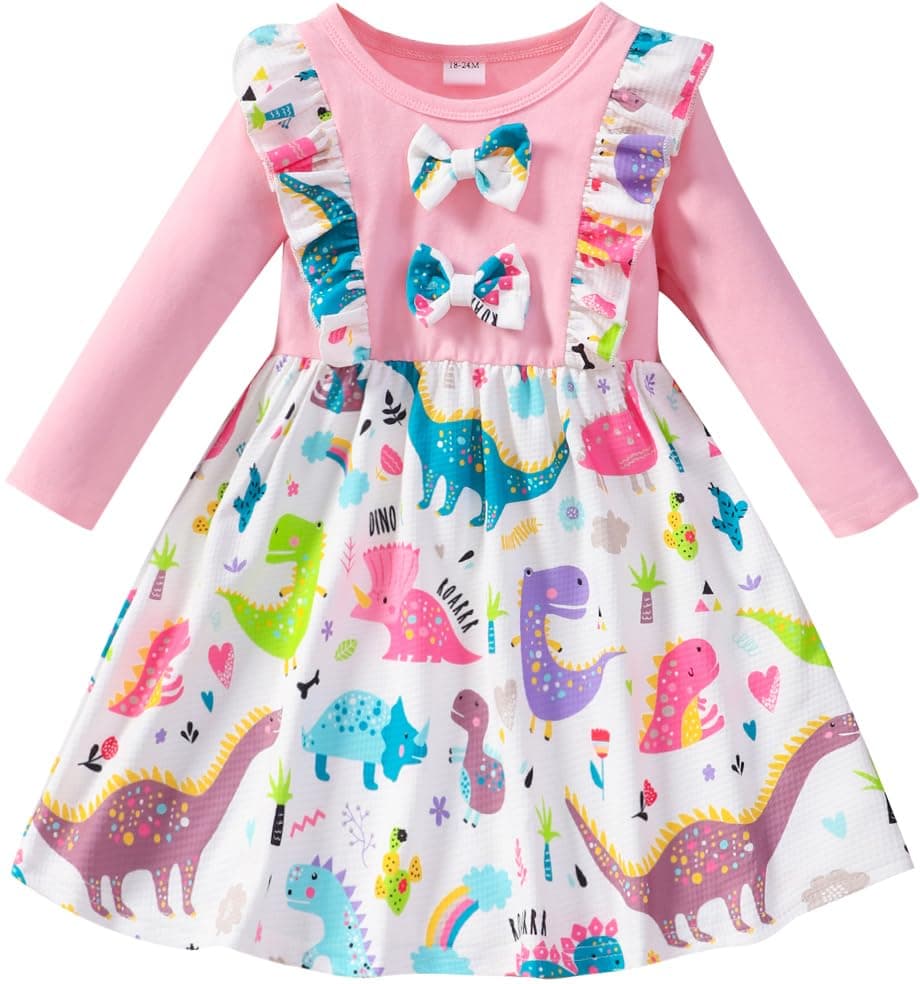 Retsugo Girls' Long Sleeve A-line Print Dress with Bowknot