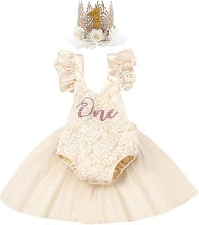 Baby Girls 1st Birthday Outfit Lace Romper Princess Tutu Dress Headband Cake Smash Clothes for Photo Shoot 2Pcs Sets