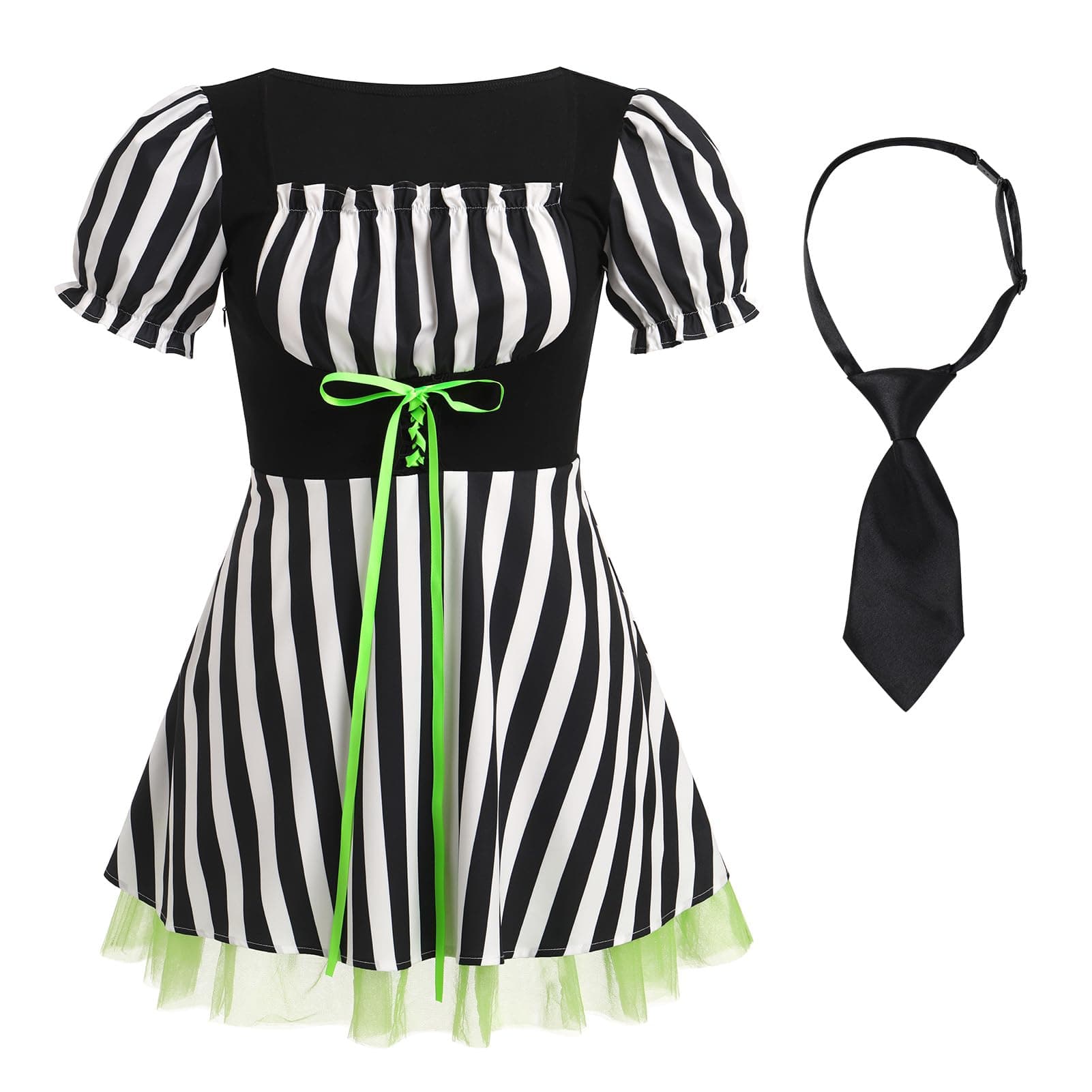 IMEKIS Women Black & White Striped Halloween Tulle Lace-Up Gothic Cosplay Dress