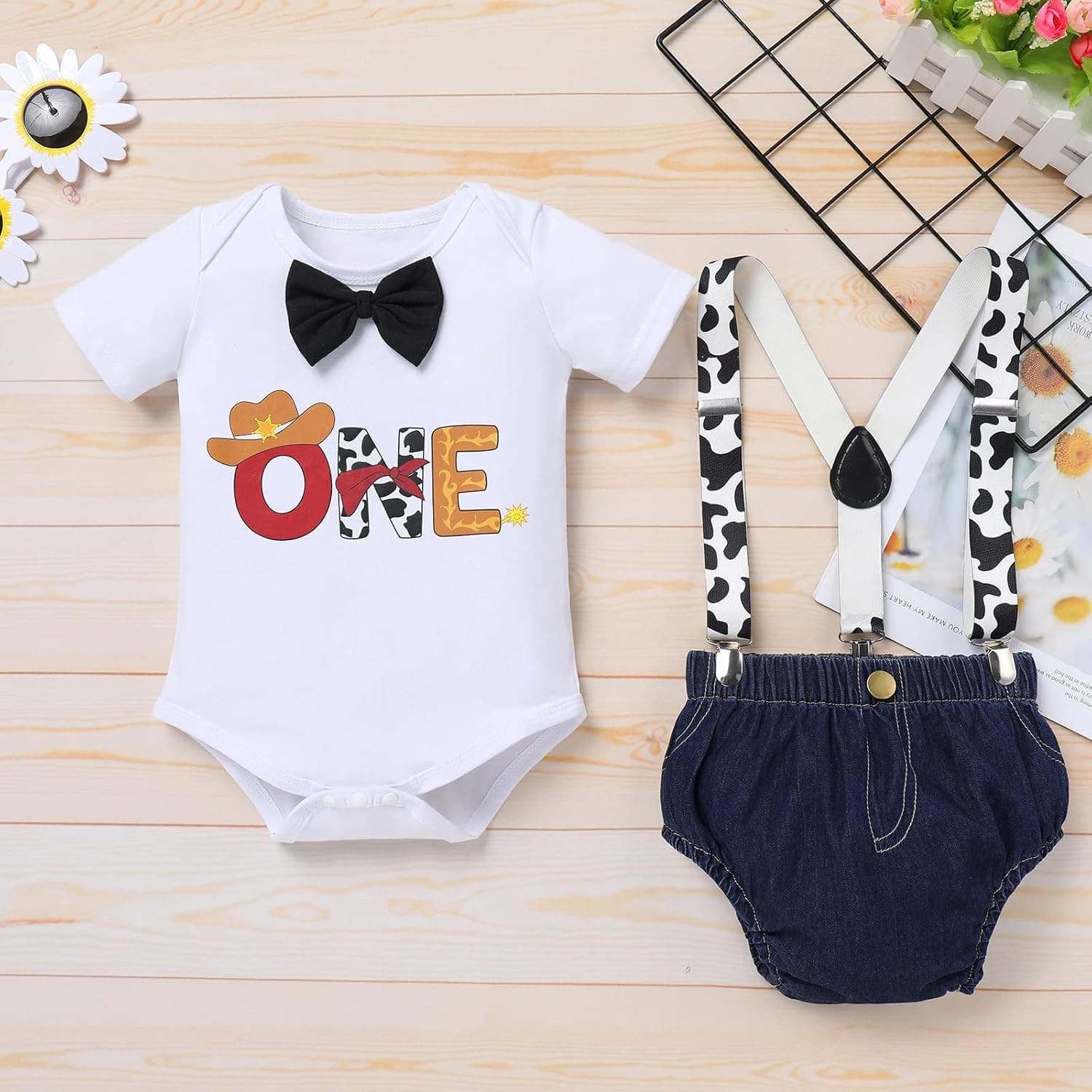 Baby Boys 1st Birthday Cake Smash Outfit Cowboy Bowtie Romper + Shorts Pants + Headband Photo Shoot Clothes Sets