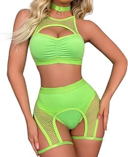 Women Rave Outfits Sheer Fishnet Top Booty Shorts Bottom Choker 3PCS Mesh Babydoll Nightwear Festival Lingerie Clothes