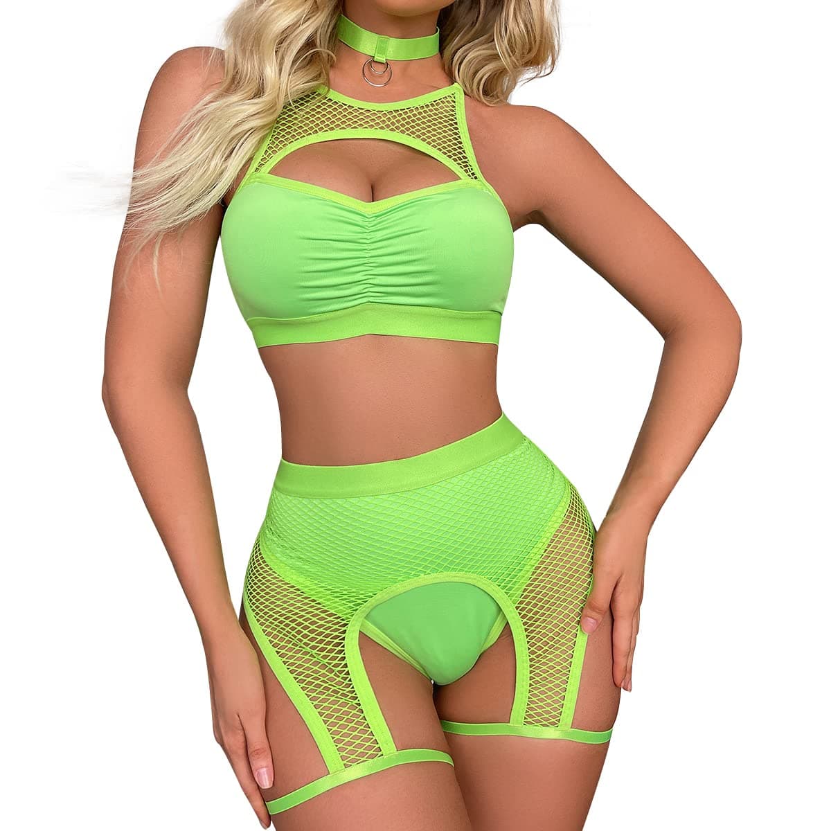 ABAFIP Women's Festival Rave Outfits: Fishnet Top & Shorts Choker Nightwear