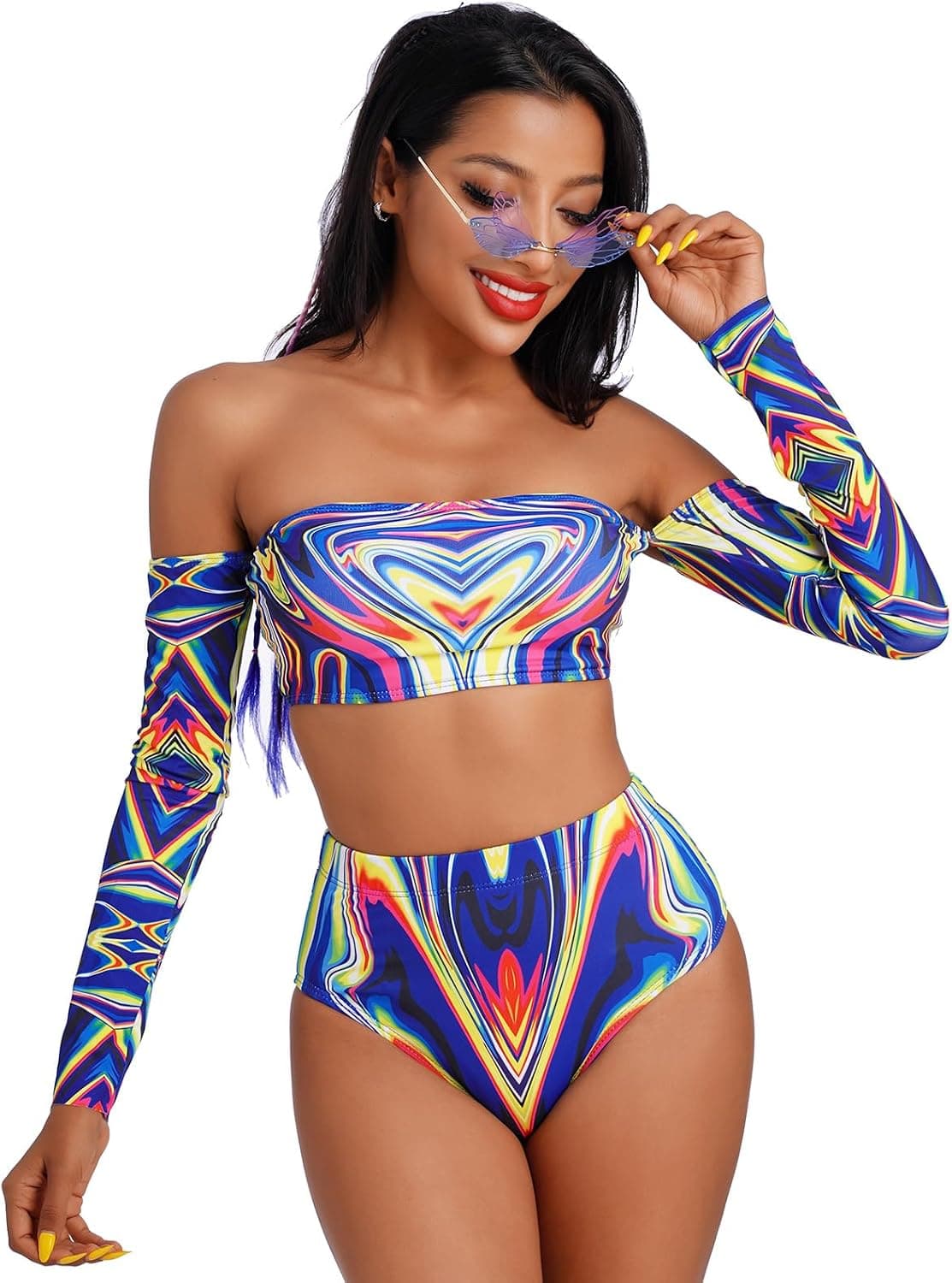 Women Rave Outfit Vintage Bikini Set Rainbow Bra Top with Bottom Summer Beach Holiday Swimwear Bathing Suits